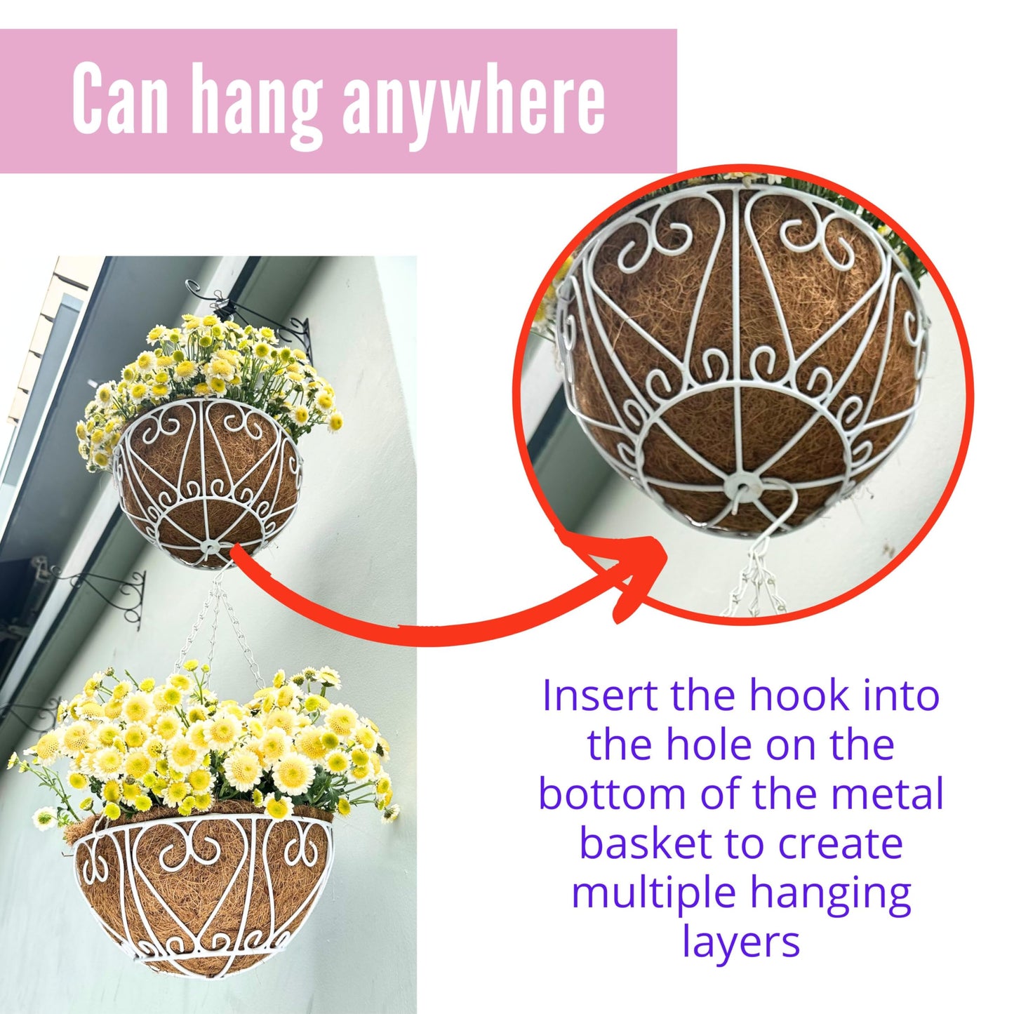 LaLaGreen Hanging Planter for Outdoor (20 Inch, 4 Pack) Large White Metal Wire Hanging Plant Planter with Coco Liner Round Porch Modern Garden Balcony Deck Country Decor Flower Pot Holder Hanger