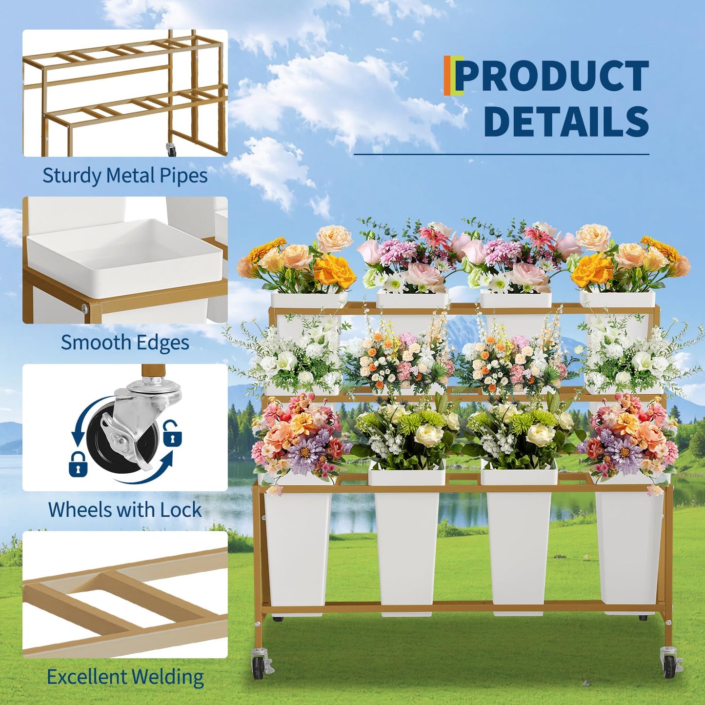 Garvee Flower Display Stand,3 Tier Flower Cart with 12 Round Buckets and Wheels, Moving Flower Cart Display Stand for Garden, Wedding, Flower Shop,Gold