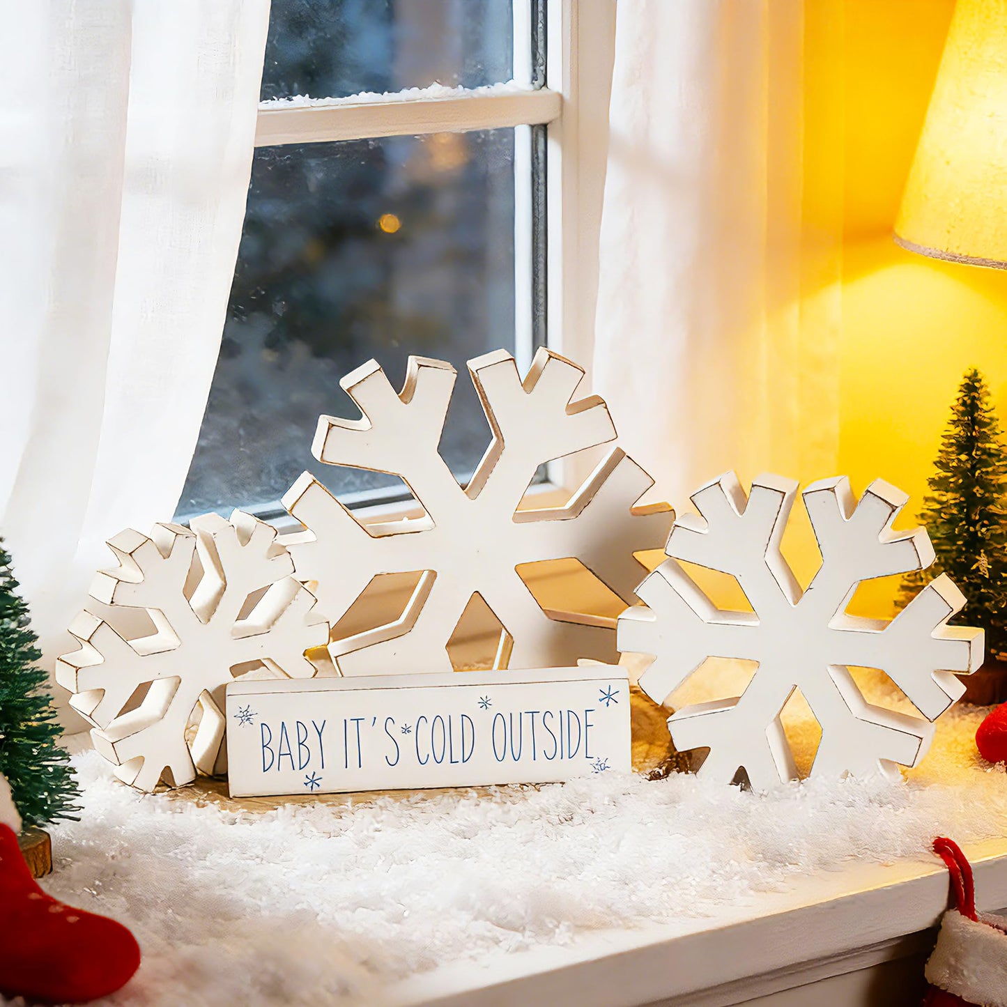 4 PCS Winter Wooden Snowflakes Decor - Christmas Snowflake Signs - Christmas Fireplace Decoration for Party - Tabletop Fireplace Decors Indoor