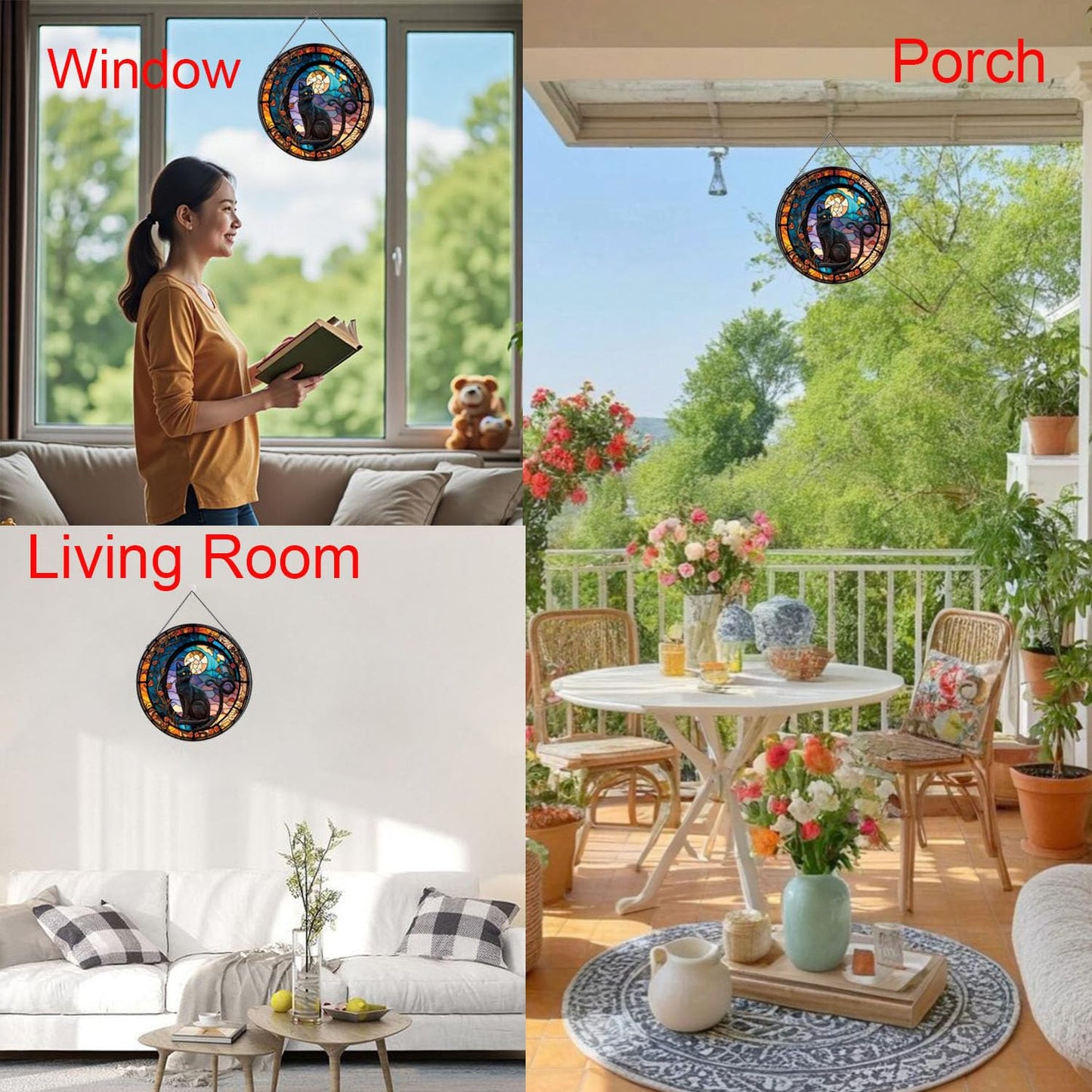 JZZNNFEZN Black Cat Stained Glass Window Hanging,7.87’’ Stained Glass Suncatcher for Window for Cat Lovers,Hanging Ornaments Round Women Gifts for Family Friends, Housewarming Gift (A Style)