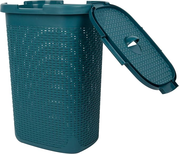 Mind Reader Slim Laundry Hamper with Lid, 60L Tall Clothes Basket, Narrow Tapered Design for Bathrooms, Closets and Laundry Rooms, Plastic, Blue