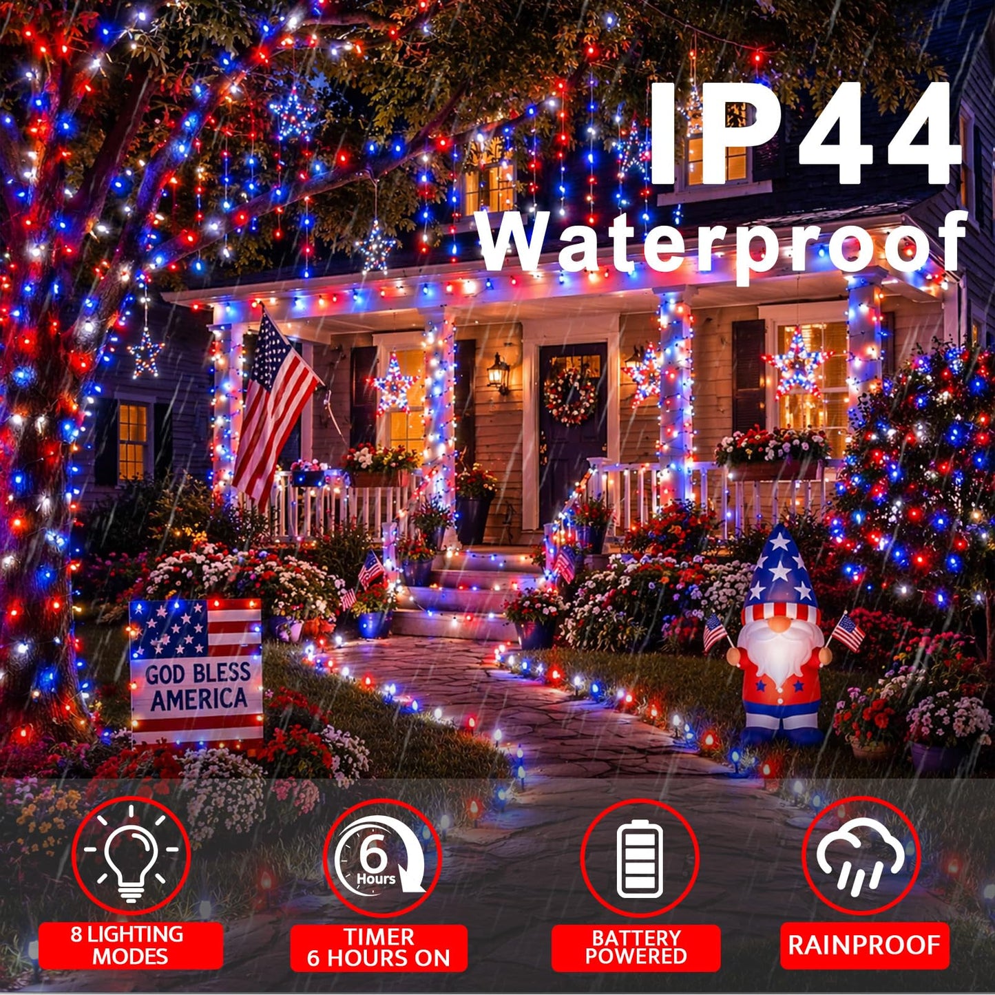 Couah 2 Pack 100 LED 38.4FT Red White and Blue Lights Battery Operated, Patriotic 4th of July Lights 8 Modes-Timer Indoor Outdoor Party Patriotic Memorial Day Independence 4th of July Decorations