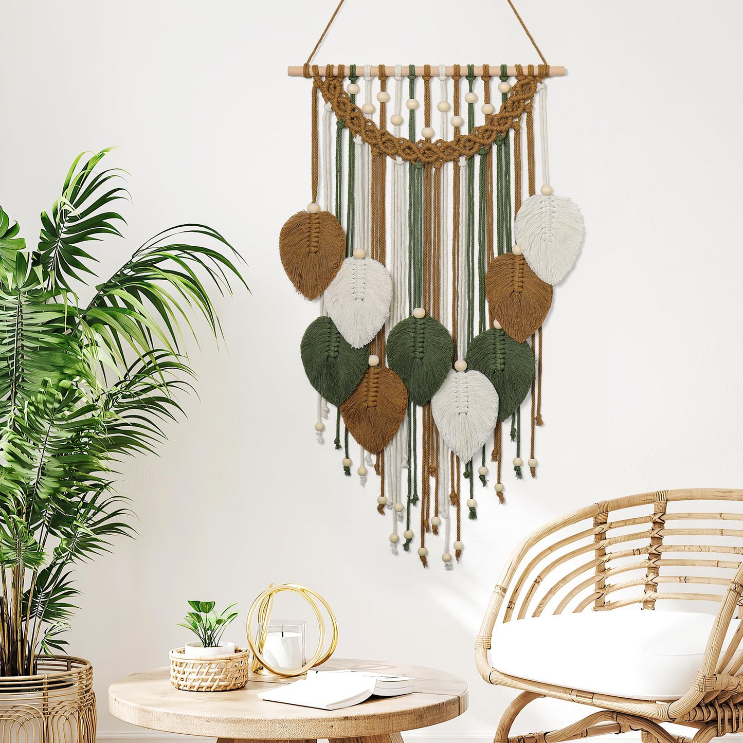 Weldomcor Macrame Wall Hanging Boho Leaf Woven Tapestry, Bohemian Chic Home Decor Modern Handmade Leaves Feather Wall Art Decorations for Bedroom Living Room Apartment Ornament 16.5" W X 31.5" L
