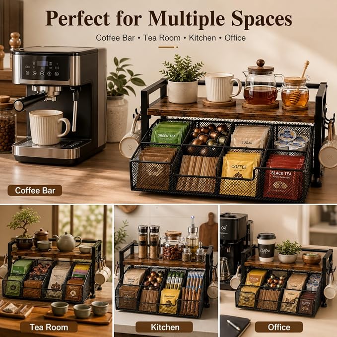 Tea Bag Organizer, Tea Bag Organizer Drawer, Wood Tea Organizers and Storage Chest Teabag Holder with Storage Drawer,Rustic Brown for Countertop Kitchen, Office