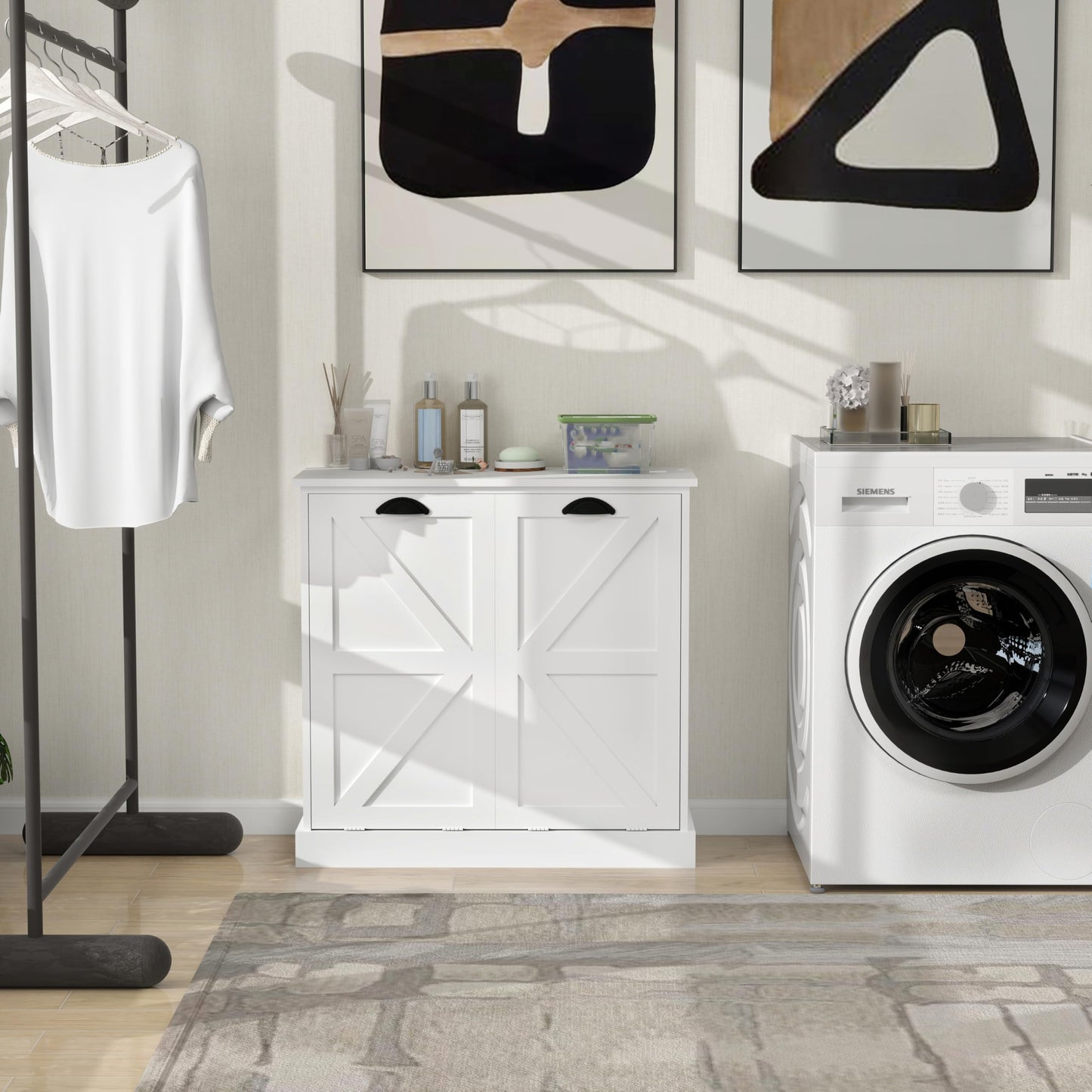Two Compartment Tilt Out Laundry Sorter Cabinet White