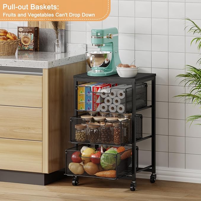 Pantry Organizer and Storage Cart, 3-Tier Kitchen Storage Cart with Drawer, Fruit Vegetable Storage Cart with Wheels, Wooden Top Metal Wire Kitchen Organizer Rack Stand for Food Snack Onion Potato