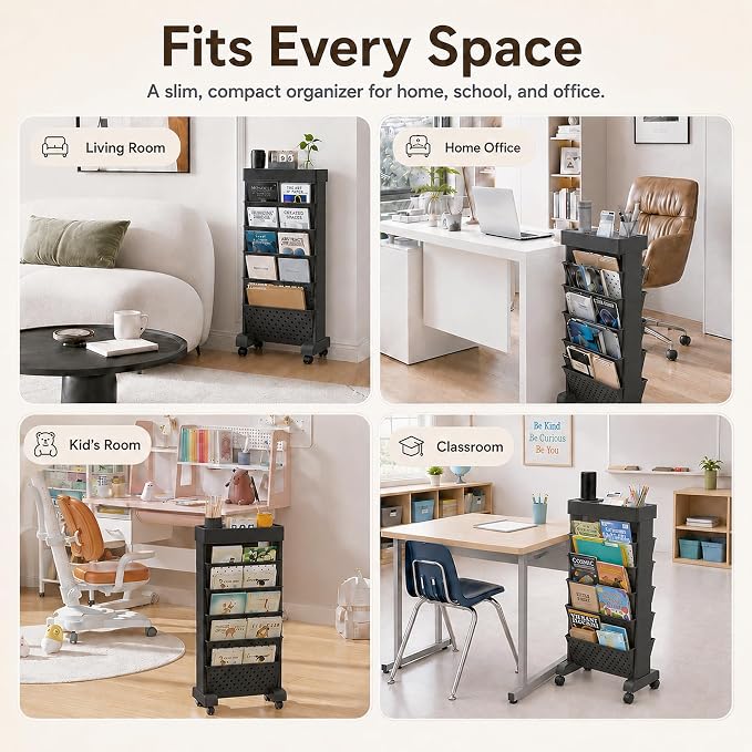 6-Tier Bookshelf, Book Storage Organization with Wheels Mobile Rolling Bookshelves Cart for Home Office Kids’ Study Room School, Black
