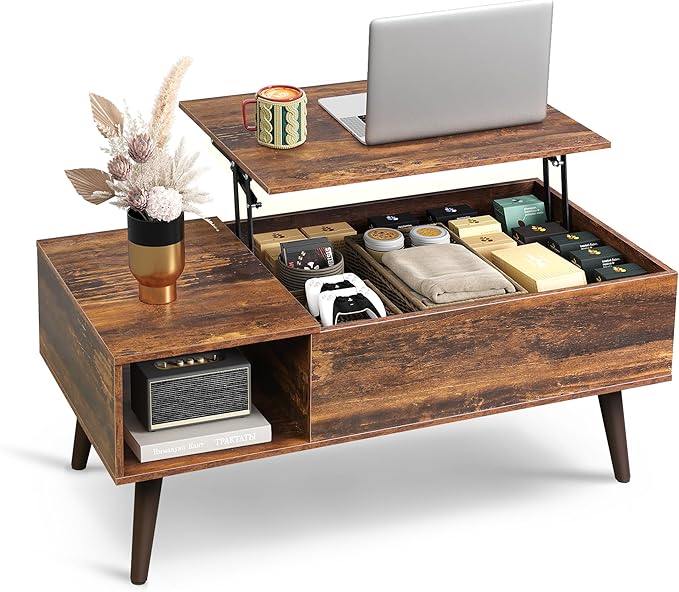 WLIVE Coffee Table with Storage & Lifting Top for Living Room, 21" Small Lift Top for Small Space Apartment, 31" Wooden Multifunctional Coffee & Dining Center Table for Home Office Work, Rustic Brown