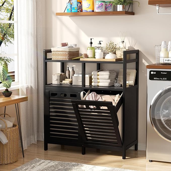 Homykic Tilt Out Laundry Hamper Cabinet, Bamboo Double Laundry Hamper with 2 Removable Laundry Baskets, 20 Gal Laundry Sorter Organizer with Shelf for Dirty Clothes, Bathroom, Laundry Room, Black