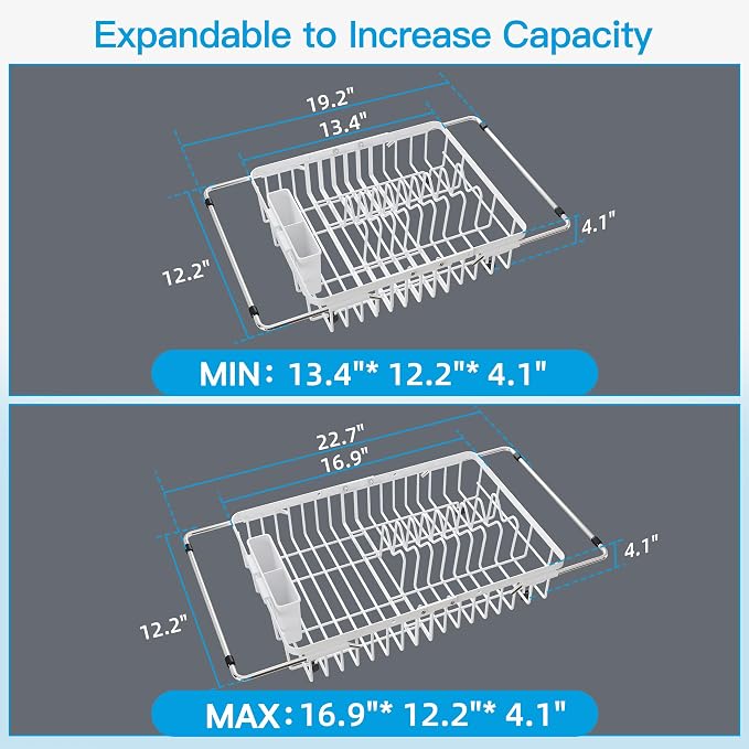 JASIWAY White Expandable Stainless Steel Dish Drying Rack Over The Sink for Small Kitchen, Counter Space Saving Compact Plate Drainer Strainer, Adjustable Hanging Metal Dish Dryer with Utensil Holder