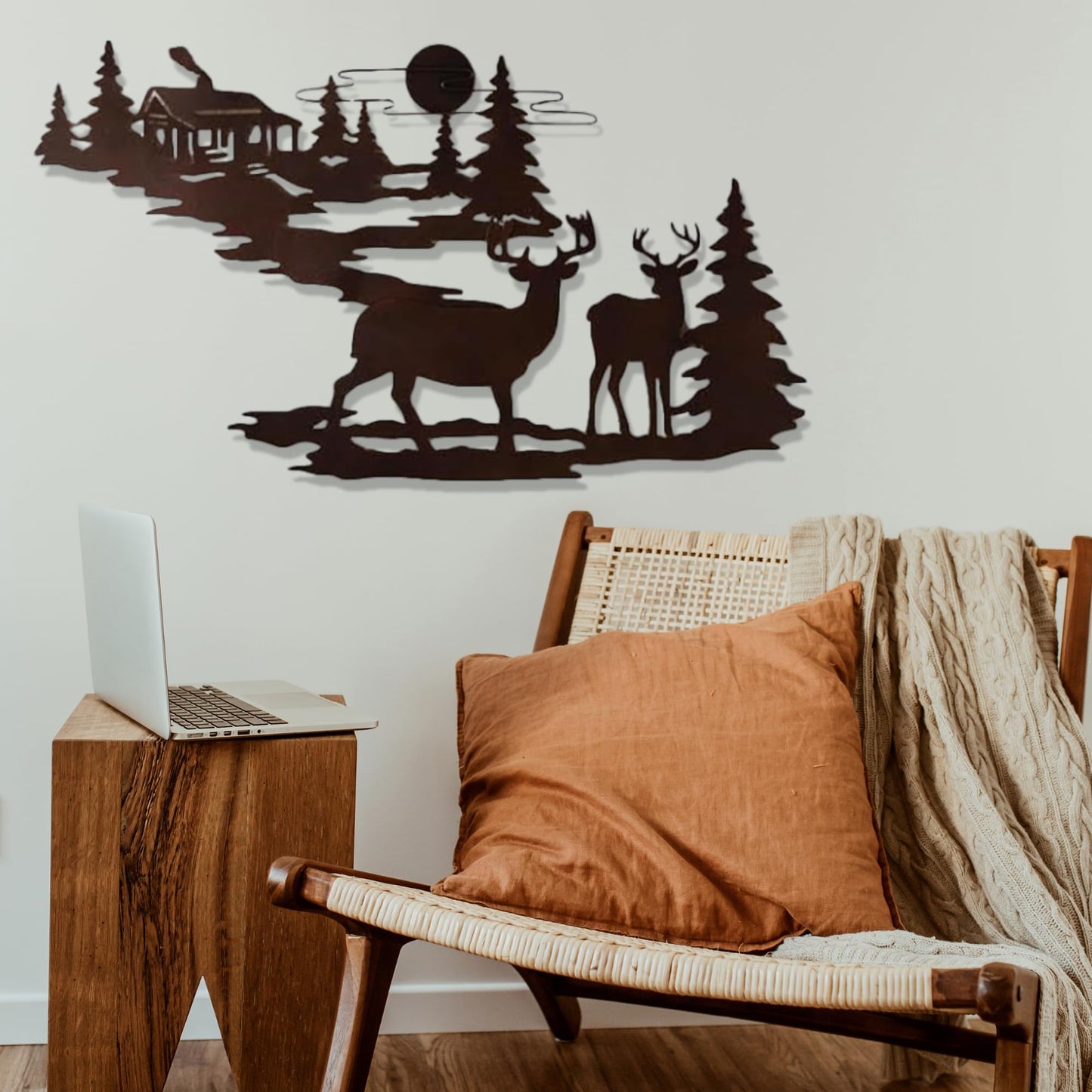 Rivuz Metal Wall Art by Prime Goods. Aesthetic Room Decor. Rustic Retreat. Black Metal Wall Decor with Woodland Cabin & Deer. Great Art for Living Room, Bedroom, or Outdoor Space