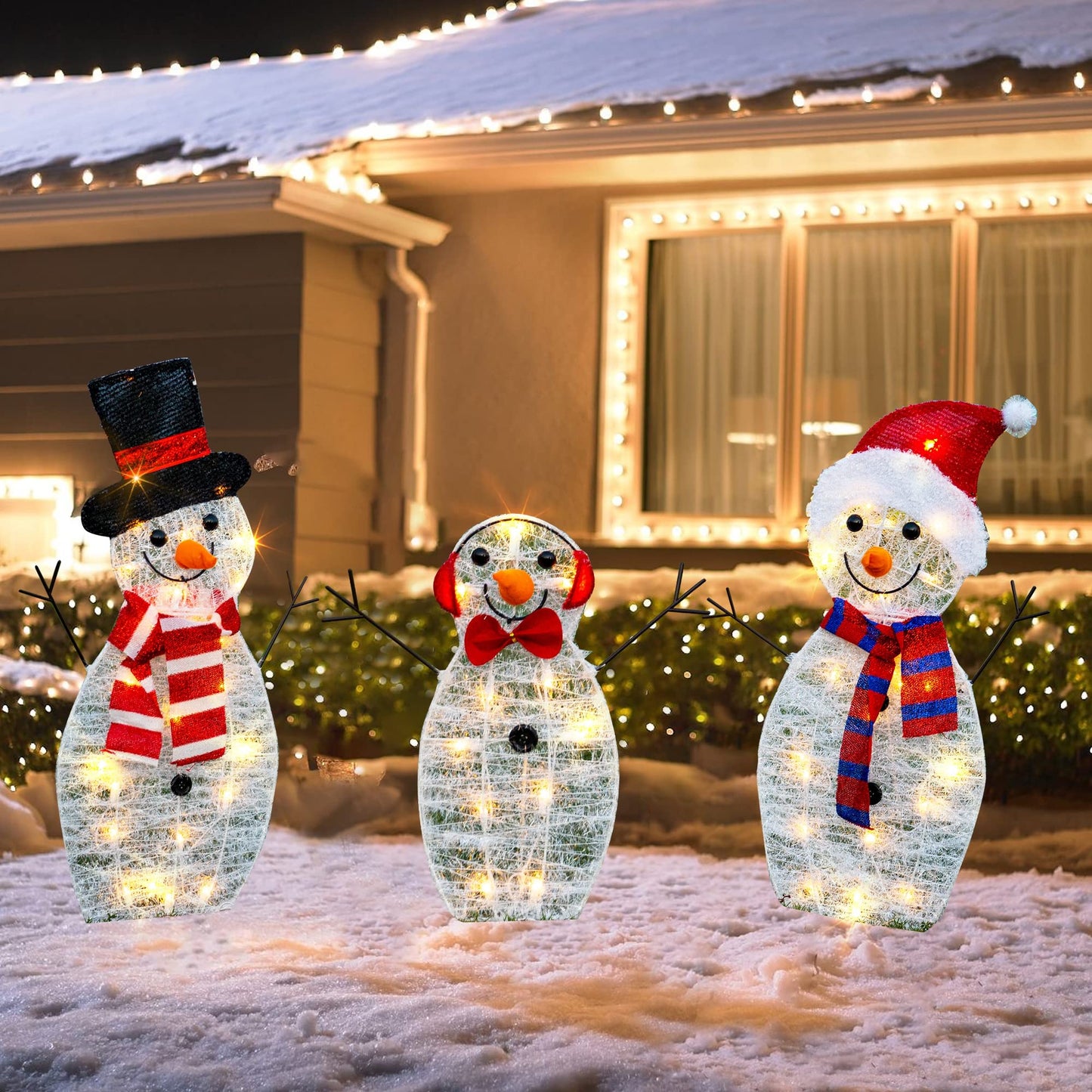 HOURLEEY Christmas Decoration 60 L Lighted Snowman Family Outdoor, 3-Piece Waterproof Plug in 2D Snowman for Yard Patio Lawn Garden Party Decor 29X12.2Inch-Large (Warm White)