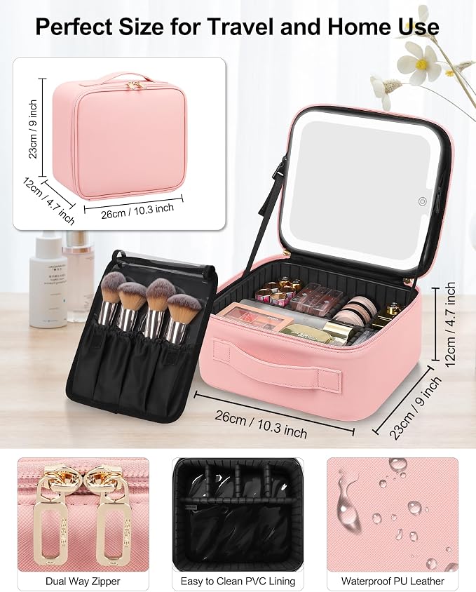 Chomeiu Makeup Bag with LED Mirror, Cute Cosmetic Bags for Women and Girls, Travel Train Case Artists Organizer Large Make Up Bags with 3 Color Light Up Mirror & Removable Brush Compartment, Pink