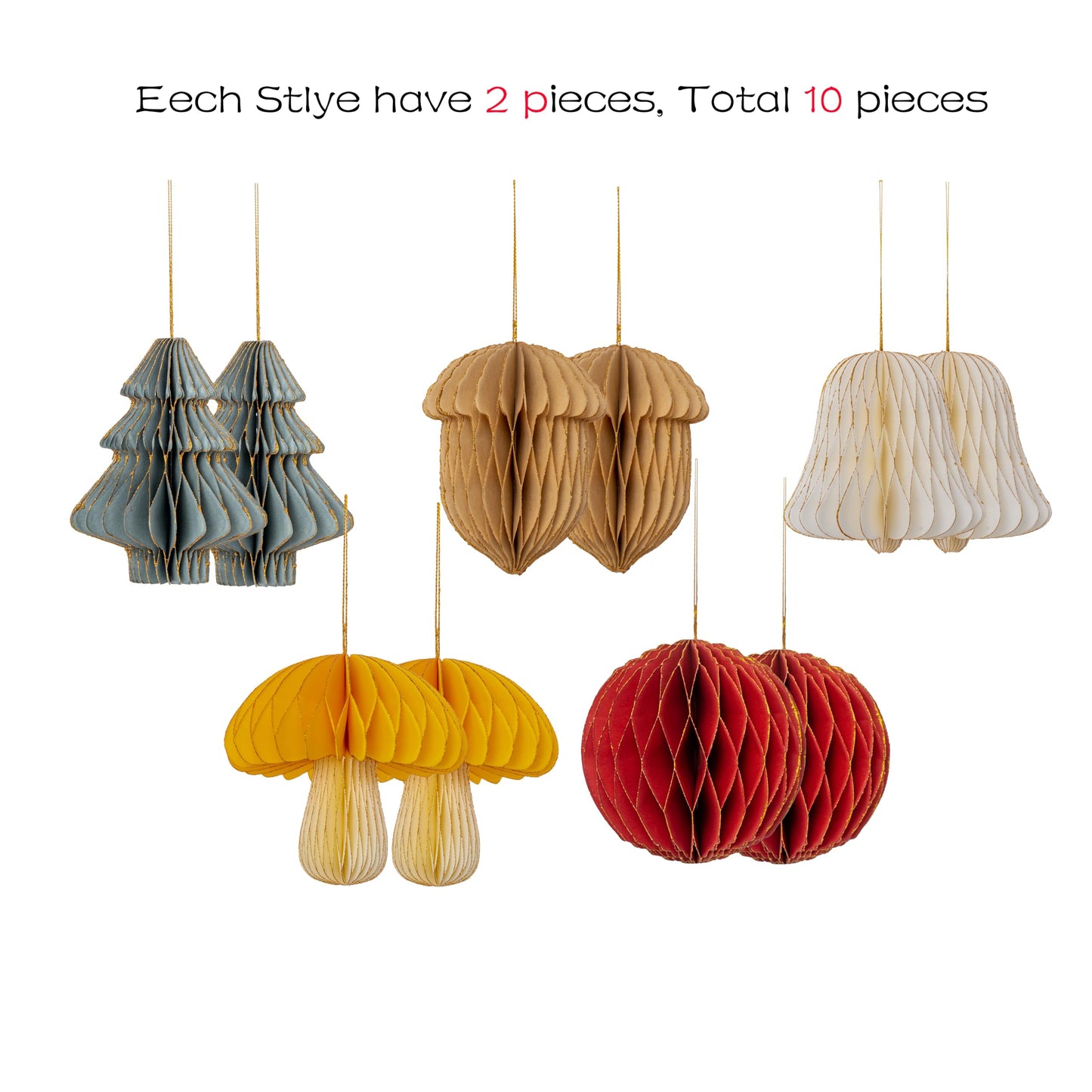 10 PCS Christmas Hanging Ornaments 3D Honeycomb Paper for Christmas, Party Decorations - Includes Mini Trees, Mushrooms, Acorns, Bells, Balls - Perfect All Season Creative DIY Items