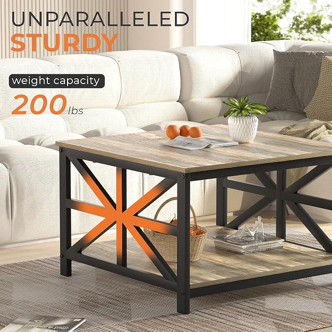 GreenForest Modern Living Room Coffee Table with 2 Tier Storage, Small Square Wood and Metal Farmhouse Center Table with Seamless One-Piece Tabletop, 27.55 Inch, Grey Wash
