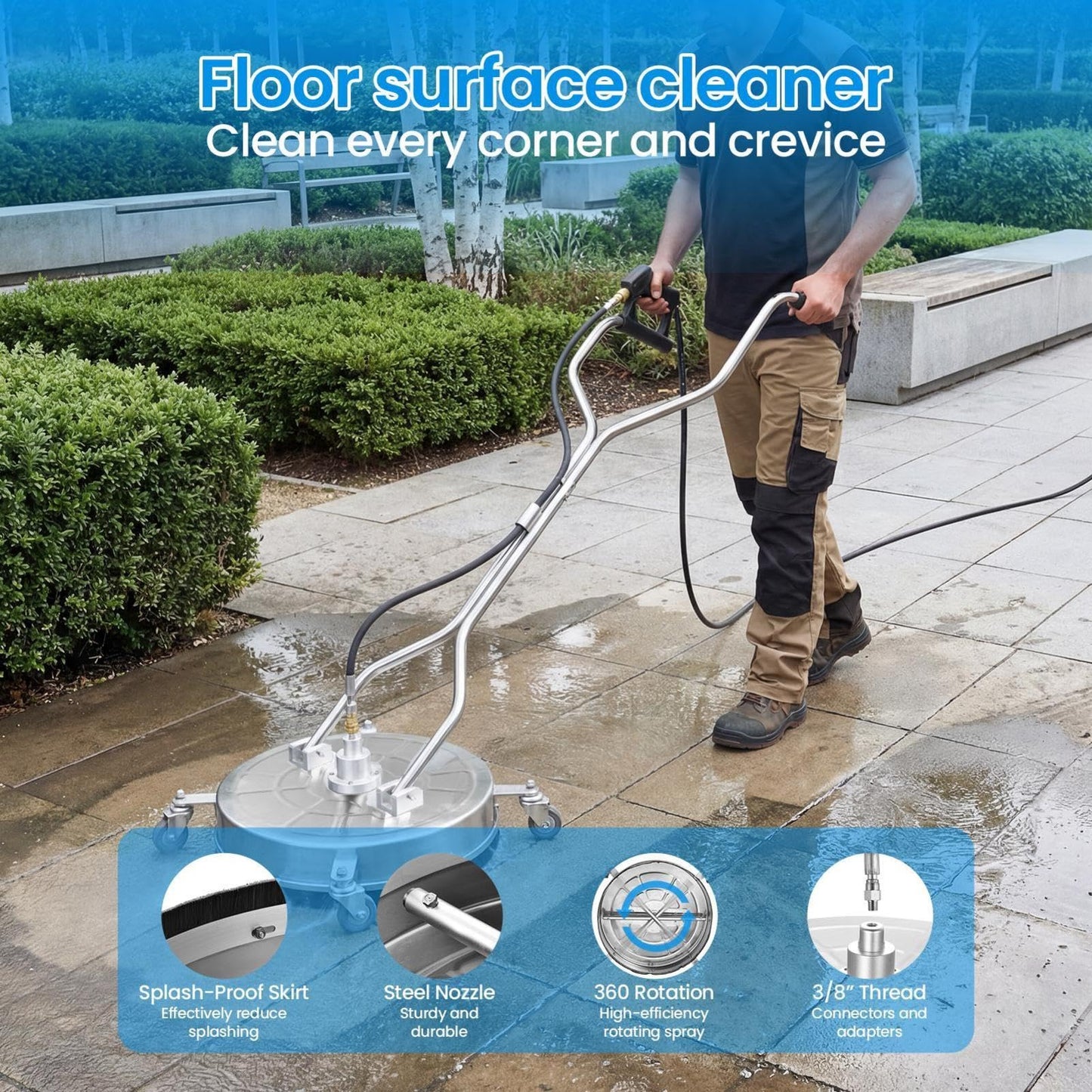 2000-4500 PSI 24" Power Washer Surfaces Cleaner, Upgraded Twin Handle Pressure Washer Attachment with 4 Universal Wheels, Splash Guard & Built-in Filter for Driveways Patios Decks