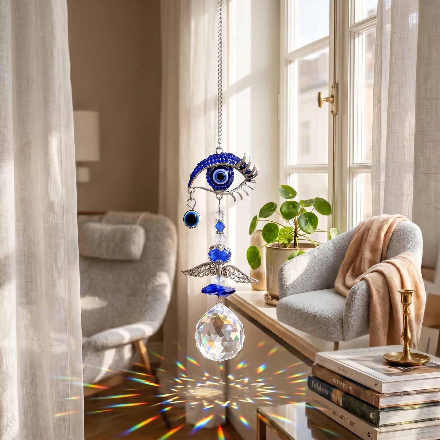Crystal Suncatcher for Windows - Hanging Prism Sun Catchers with Crystal Balls&Blue Eye, Rainbow Maker for Home、 Garden、Car Decor (Evil Eye)