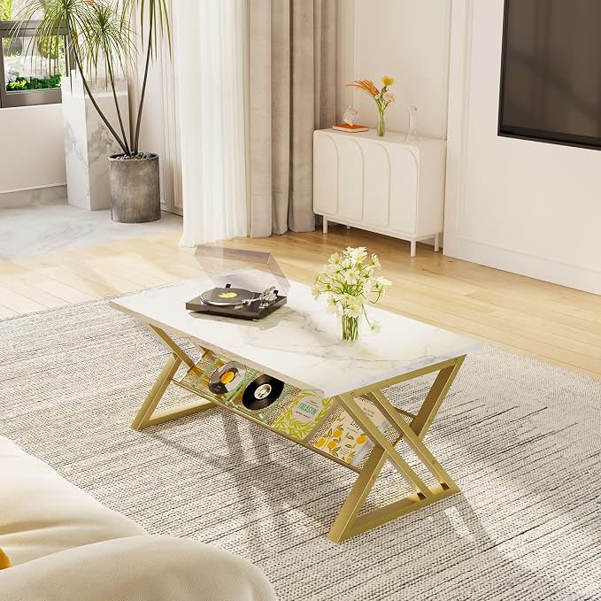 Wolawu Coffee Table Living Room Table with Storage Shelf, White Table Simple Modern Faux Marble Rectangular Tables with Sturdy Gold Metal Frame,Industrial Wooden Coffee Table for Bedroom Home Office