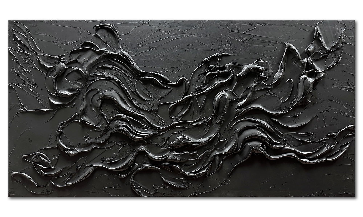 zoinart Hand Painted Large Black Wall Art 30"x60" Thick Texture Minimalist Oil Paintings Contemporary Art Oil on Canvas Abstract Textured Wall Art Pure Black Wall Art