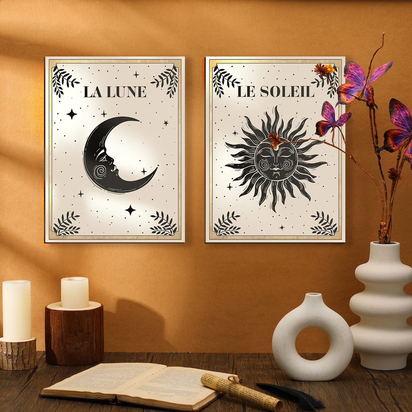 Geetery 2 Pcs Sun and Moon Celestial Wall Art Wood Tarot Cards Boho Witchy Wall Decor Hanging Mystic Astrology Decoration for Home Bedroom Living Room Gallery No Frame