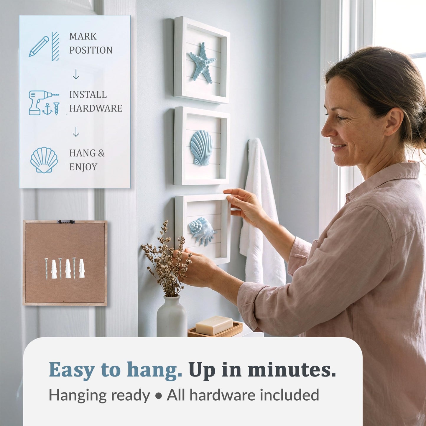 TideAndTales Blue Seashells and Starfish (Framed Set of 3) Coastal 3D Wall Art, Beach Wall Decor for Bathroom or Coastal Bedroom, Ocean Inspired Seaside Decorations for Home or Beach House (7"x7")