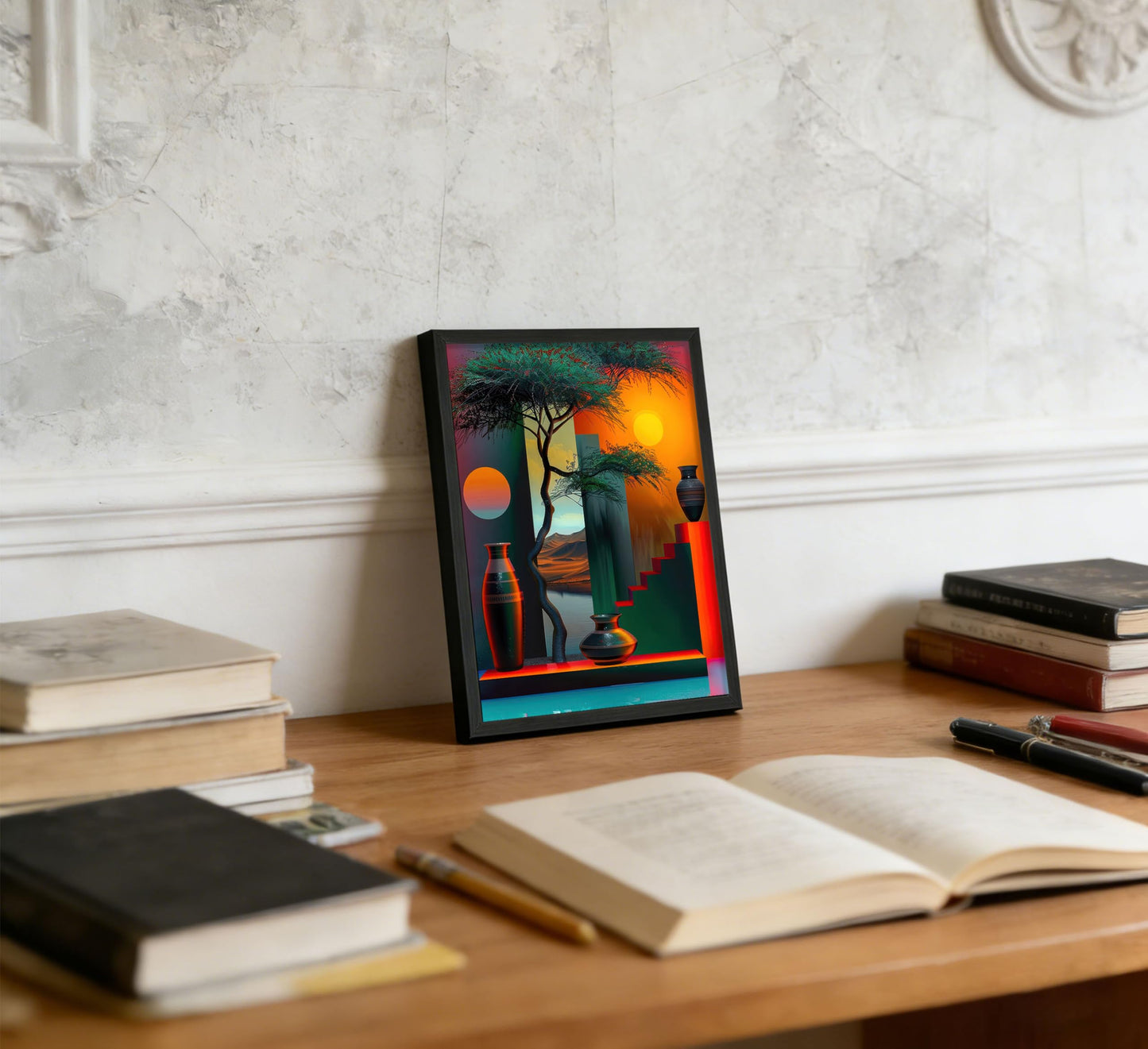 Black Framed African American Canvas Wall Art, Africa Modern Painting Picture Wall Decor, Afrocentric Tree And Vase Poster Print Artwork for Living Room Bedroom Office Home Decoration