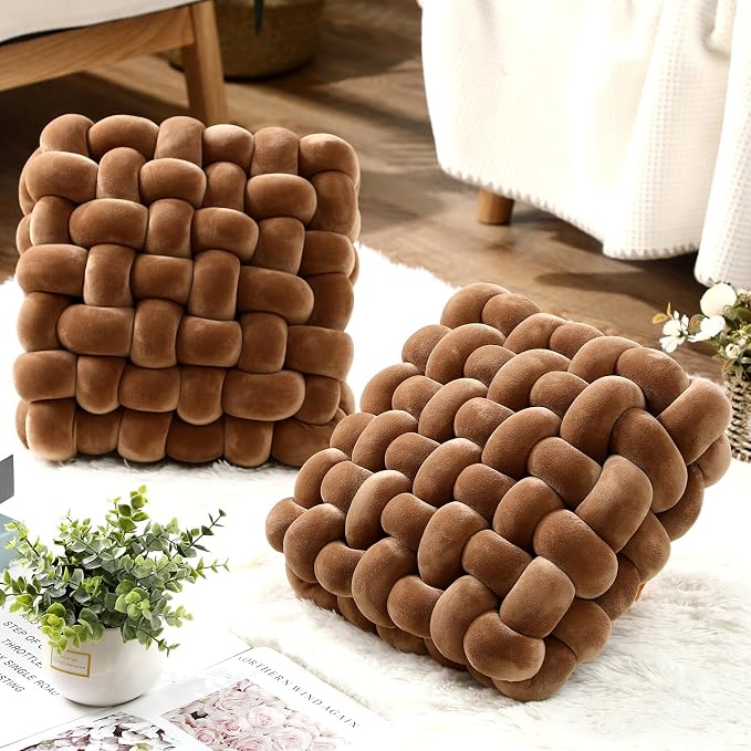 Wenqik 2 Pcs Knot Pillows Square Knotted Plush Throws Soft Accent Pillows Decoration Cushion for Couch Home Office Living Room Bedroom Bed Sofa Decor, 12'' x 13''(Brown,Crystal Velvet)
