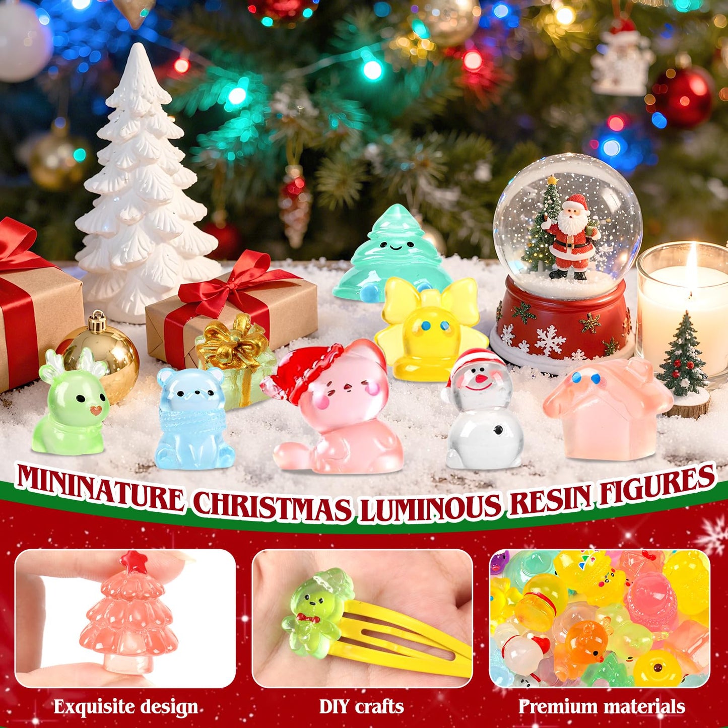 56Pcs Christmas Luminous Mini Figurines 56 Styles Glow in the Dark Tiny Resin Miniatures to Hide Bulk Santa Snowman Bell Snowflake Figurines for Xmas Bag Fillers Party Favors Garden Dollhouse Decor