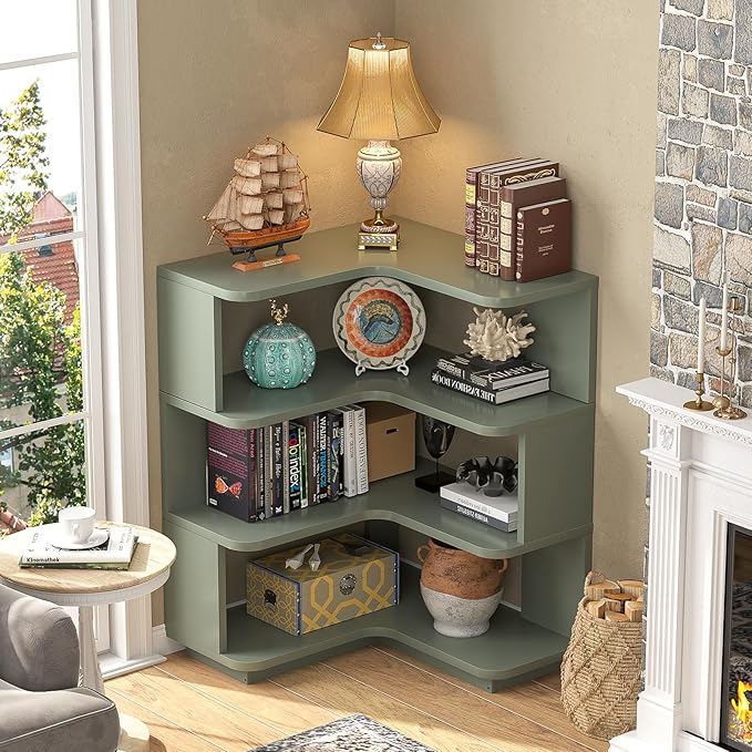 Armocity Corner Book Shelf - 4 Tier Corner Bookshelf Etagere Bookcase with Baffle, Freestanding L Shaped Display Shelf Stand for Home Office, Living Room, Bedroom, Kitchen, Crab Green