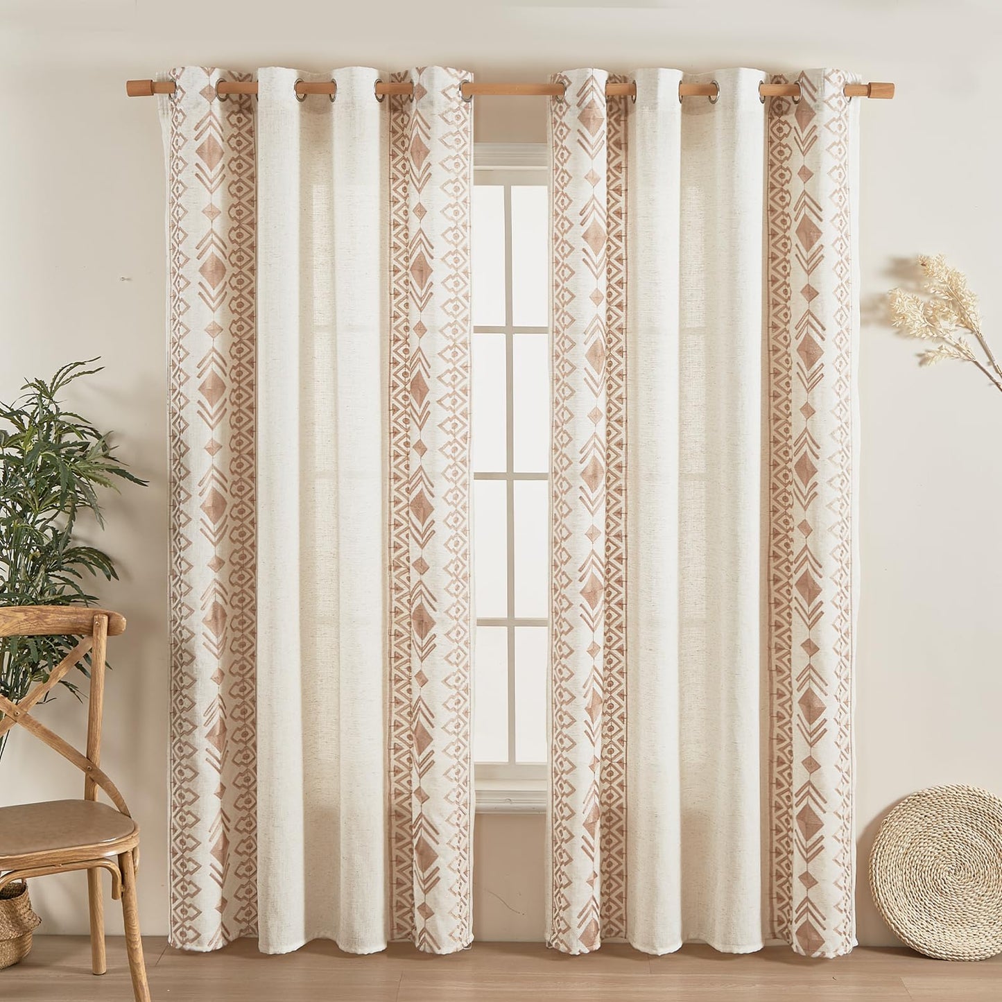 LOHUT Beige Boho Curtains 2 Panels for Bedroom 84 Inches Long Linen Embroidered Drapes for Living Room Farmhouse Geometric Light Filtering Grommet Window Treatment 55x84 Inch, Taupe On Beige