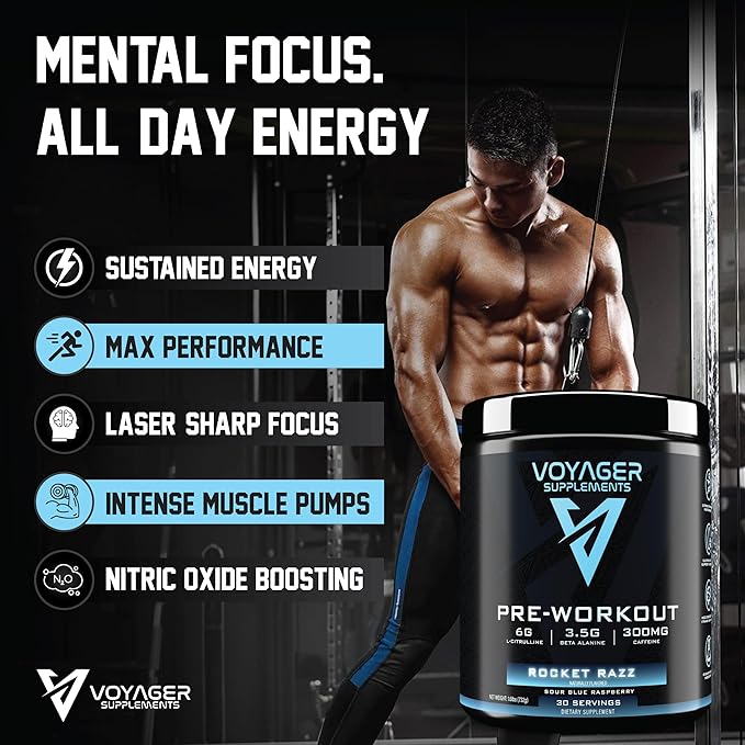 Voyager Pre-Workout Rocket Razz ??Creatine-Free Powder w/L-Citrulline, Beta-Alanine, Caffeine ??Supports Energy, Endurance & Focus ??30 Servings ??No Artificial Fillers ??GMP Certified