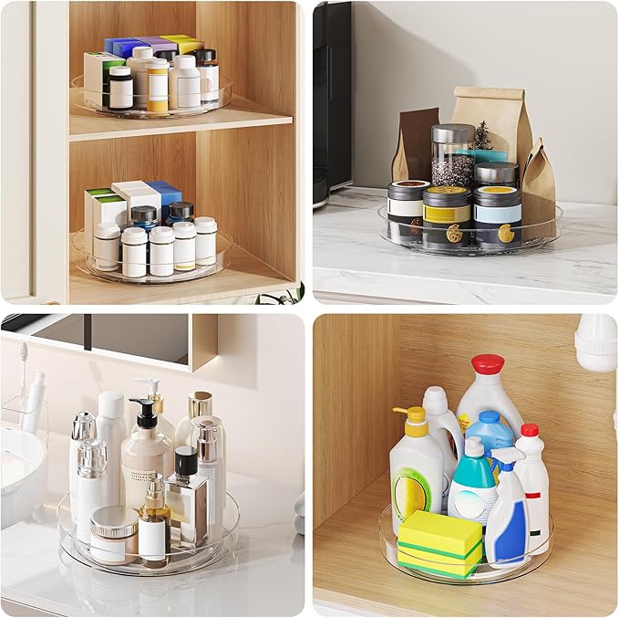 4 Pack Clear Lazy Susan, 9+10 Inch Turntable Organizer, Non-Skid Rotating Tray for Cabinet, Kitchen Pantry Organization and Storage, Acrylic Spinner for Refrigerator, Bathroom Vanity and Spice Rack