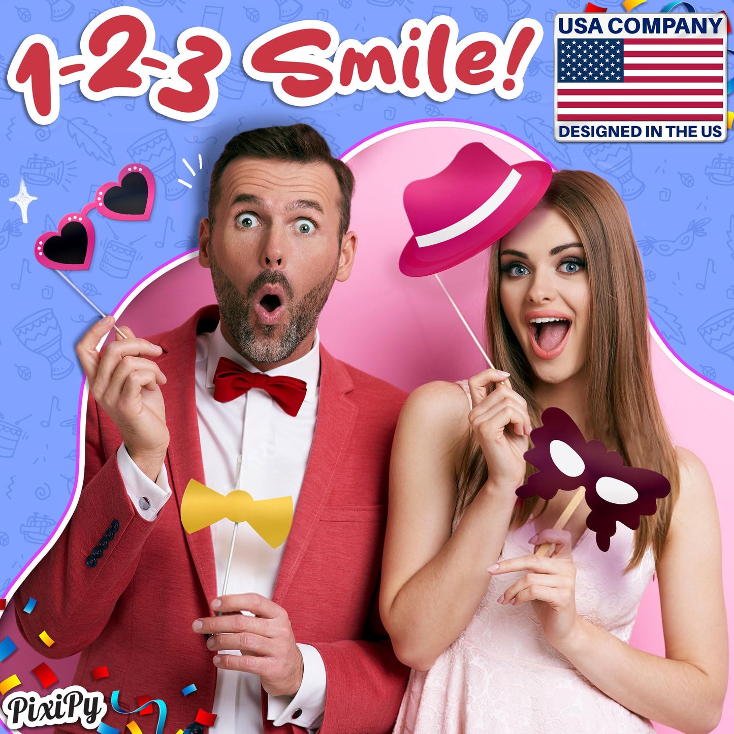 Photo Booth Props - 66 Piece Multicolor Kit - Fun Selfie Party Accessories - Mustaches, Hats, Lips & More - by PixiPy