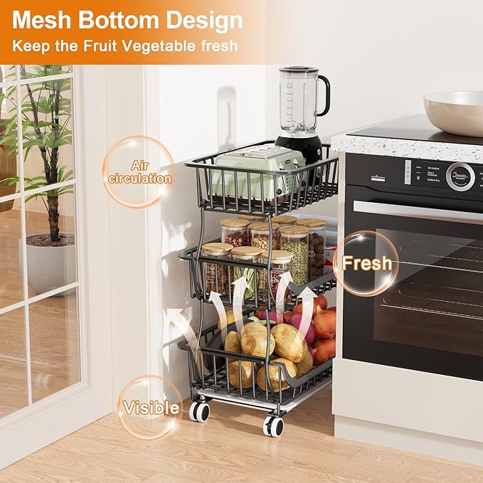 3 Tier Rolling Pantry Floor Organizers and Storage Cart with Wheels, Fruit Basket Stand on Wheels, Vegetable Baskets for Kitchen, Three Tiered Pantry Shelves Organzier for Snack, Produce, Potato,Onion