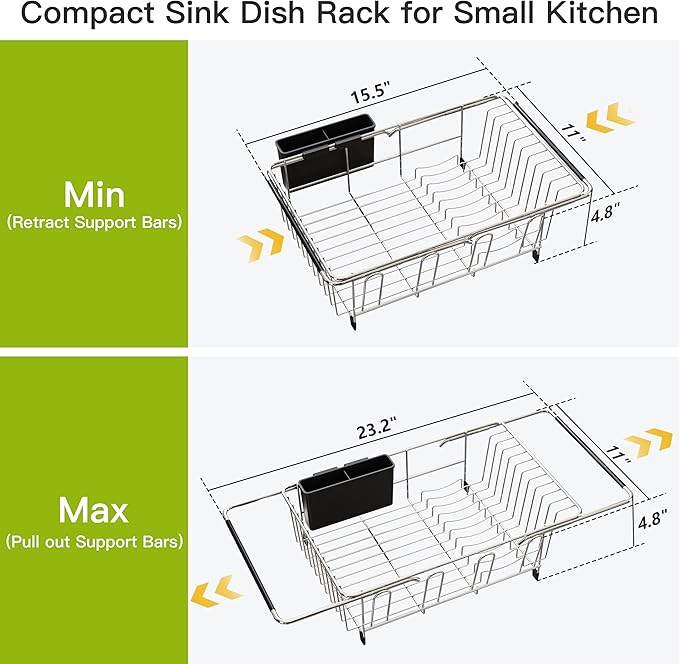 JASIWAY Dish Drying Rack in Sink, Expandable Stainless Steel Dish Drainers for Kitchen Counter, Dish Dryer Rack for Inside Sink, Over The Sink Dish Racks with Utensil Holder, Silver