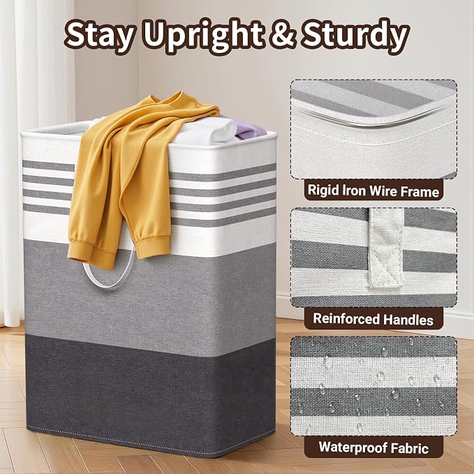 WOWBOX 2 Pack Laundry Baskets, Laundry Hampers, Freestanding Dirty Clothes Hampers with Reinforced Handles & Cross Stitch & Waterproof Coating, for Laundry Bedroom Bathroom Dorm,125L Grey
