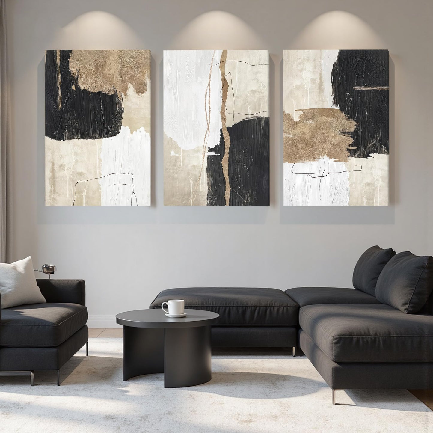 AVECCO 3 Pieces Large Gold and Black Abstract Wall Art, Modern Geometric Line Canvas Wall Decor, Minimalist Black Gold Shapes Art Prints for Bedroom Living Room Office Home Decoration 24x36 Inch