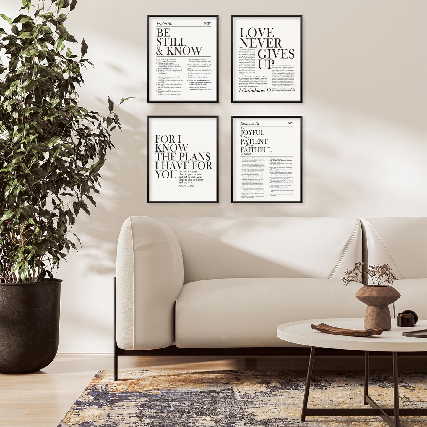 Locomiss Black and White Christian Wall Art Decor, Modern Bible Verse Prints, Minimalist Jesus Scripture Wall Decor, Inspirational Bible Posters for Bedroom Office Living Room, Set of 4 (8x10 Unframed)
