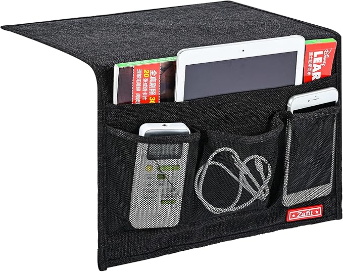 Zafit Linen 4 Pockets Bedside Caddy, Bedside Storage Organizer for Magazine, Remotes, Phone (Classic Black)