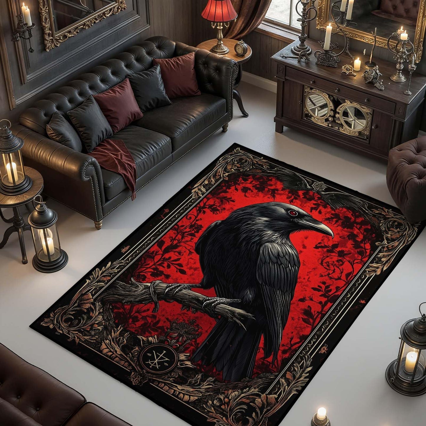 5x7 Gothic Raven Rug, Crow Area Rug, Gothic Rugs for Bedroom, Halloween Rugs, Large Vintage Black Raven Carpet, Soft Washable Non Slip Low Pile Carpet