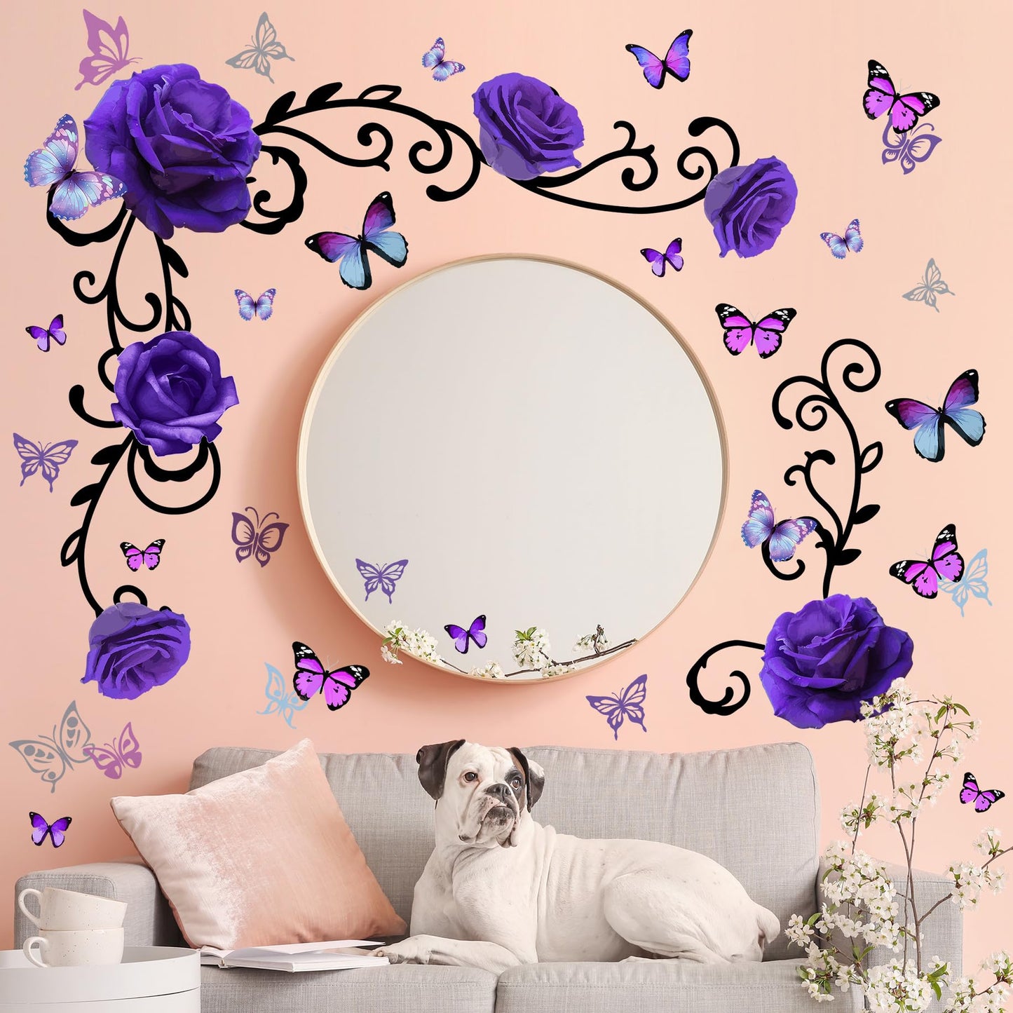 Removable Purple Floral Rose Wall Decor 3D Peel and Stick Flower Vine Black Plants Vines Leaf Wall Stickers Flying Butterfly Wall Decals for Kids Girls Baby Bedroom Nursery Living Room (Purple)
