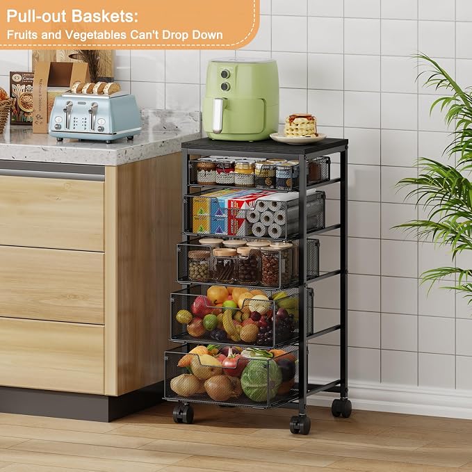 Kitchen Storage Cart with Drawer, 5-Tier Fruit Vegetable Storage Cart, Kitchen Organizer and Storage Cart with Wheels, Wooden Top Metal Wire Pantry Storage Cart rack for Fruit Snack Onion Potato