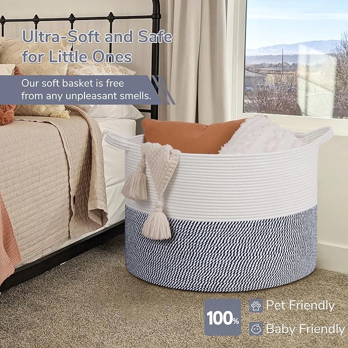 INDRESSME 115L Extra Large Cotton Rope Basket, Blanket Basket for Home Decor Living Room Nursery, Toy Storage Baskets for Kids Boys Girls, White & Navy