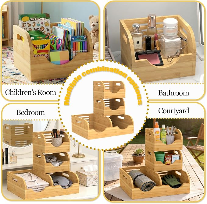 Upgraded 3 Tier Bamboo Pantry Storage Bins,Large potato storage With 2 Banana Hangers,Stackable Potato and Onion Storage Bin with Airflow Vent, Pantry Baskets, Vegetable Storage,for Kitchen Countertop