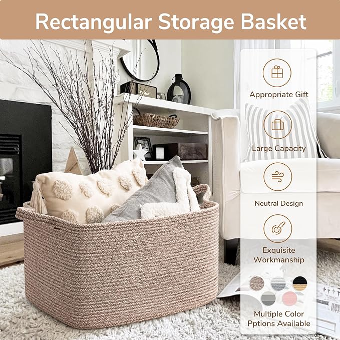 Goodpick Large Woven Storage Basket, 21.6" x 14.9" x 11.8" Blanket Basket for Living Room, Bedroom, Rectangle Rope Storage Organizer for Clothes, Toys, Brown