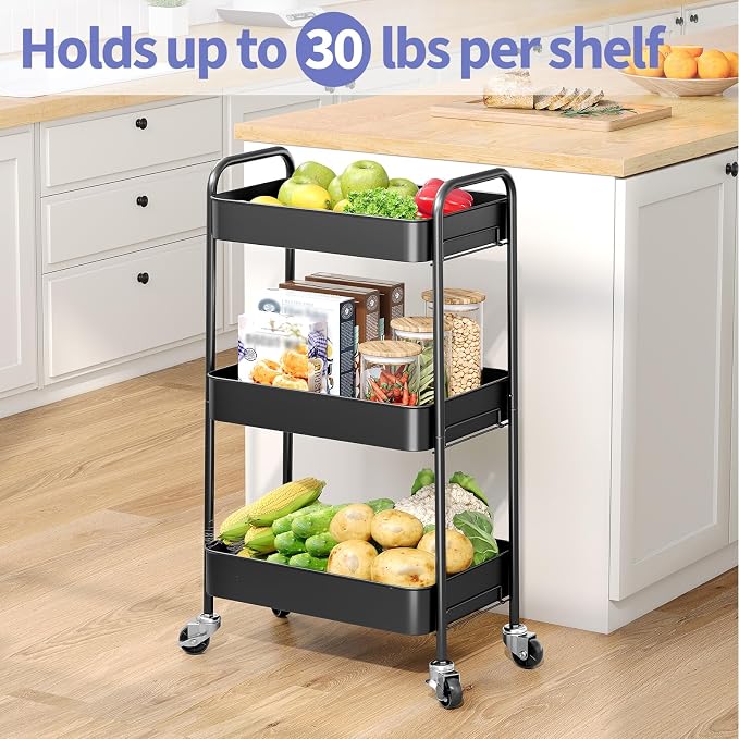 TOOLF 3-Tier Metal Rolling Cart with Wheels, Storage Utility Organizer Cart for Kitchen, Bathroom, Office, Baby Essentials & Makeup - Lockable Casters, Easy Assembly, Large Capacity, Black