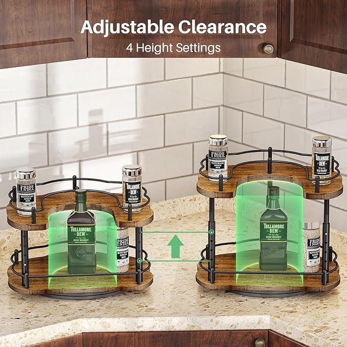 Lazy Susan Organizer Spice Rack - Spice Organization for Cabinet Height Adjustable Rotating Lazy Turntable, Pantry Kitchen Wood Revolving Seasoning Organizer (Vintage, 12 Inch)