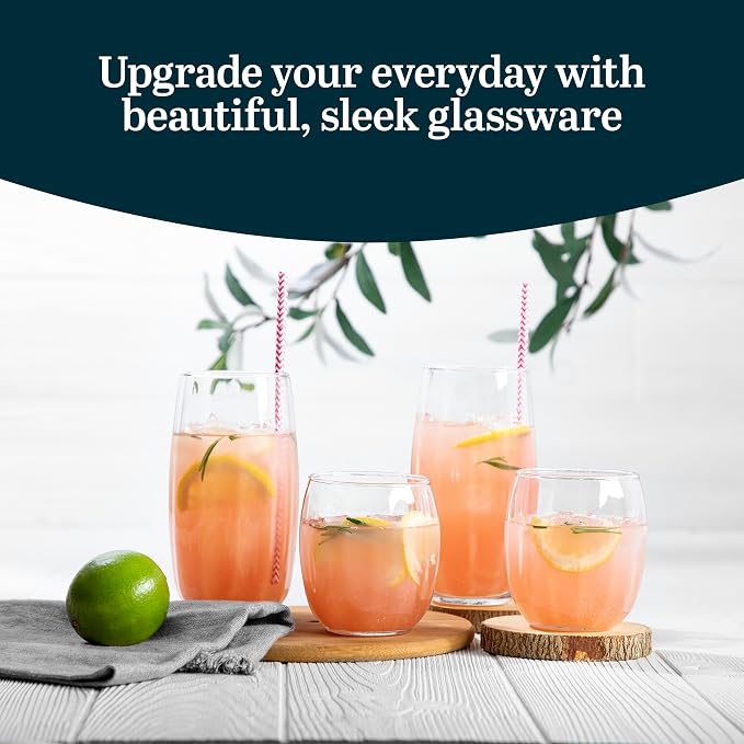 Libbey Samba Rocks and Tumbler Glass Cups Set of 16, All Purpose Everyday Drinking Glasses Set, Dishwasher Safe Modern Glassware Set for Events