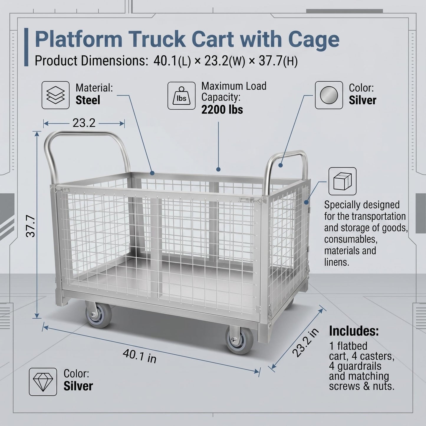 Silver Warehouse Storage Cart, Moving Cart for Large Dogs Travel, 661lb Weight Capacity