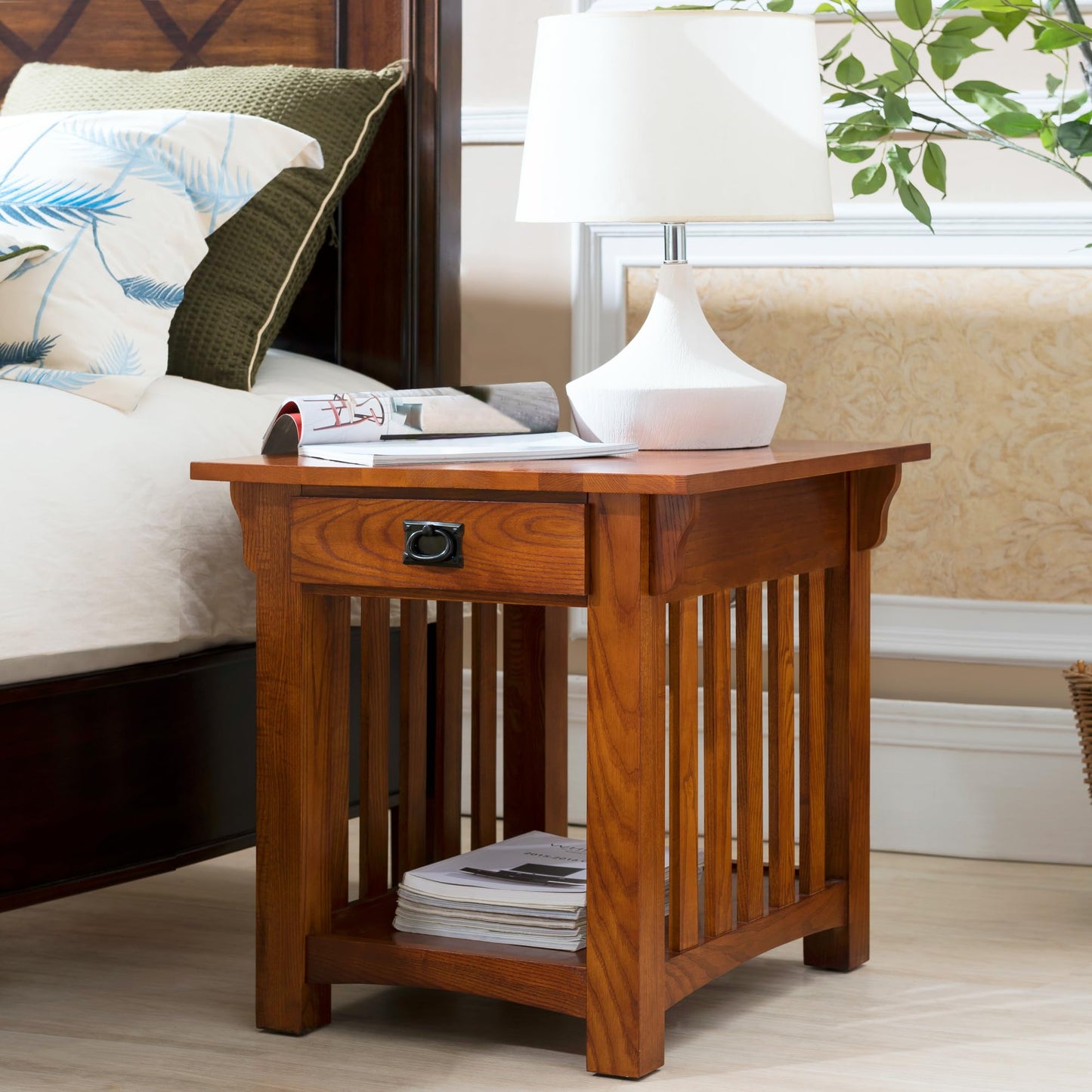 Leick Home Mission End Table, Solid Wood Construction, 1 Storage Drawer, Bottom Display Shelf, Slatted Sides, Easy-Assembly, Medium Oak, 25.0 in. W x 22.0 in. L x 23.0 In. H, 8207